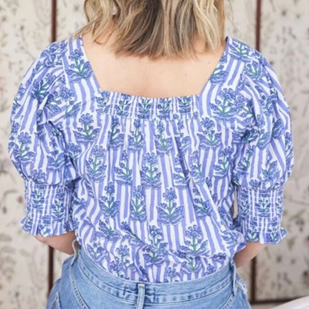 Ophelia & Indigo Mary Top XS Blue Stripe Floral Smocked Puff Sleeve - Picture 3 of 8